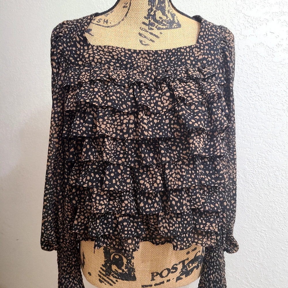 Before You Animal Print Cropped Ruffled Top/ Blouse Women's M Black/Brown